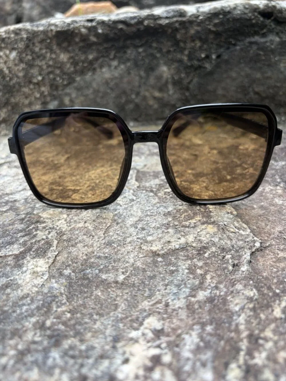 70s Style Oversized Square Black Sunglasses Warm Brown Tinted Lens Festival Boho